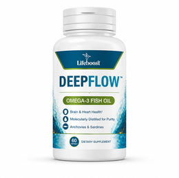A white bottle of Lifeboost DeepFlow Omega-3 Fish Oil dietary supplement, featuring a white cap and a label with blue and green accents, set against a plain white background.